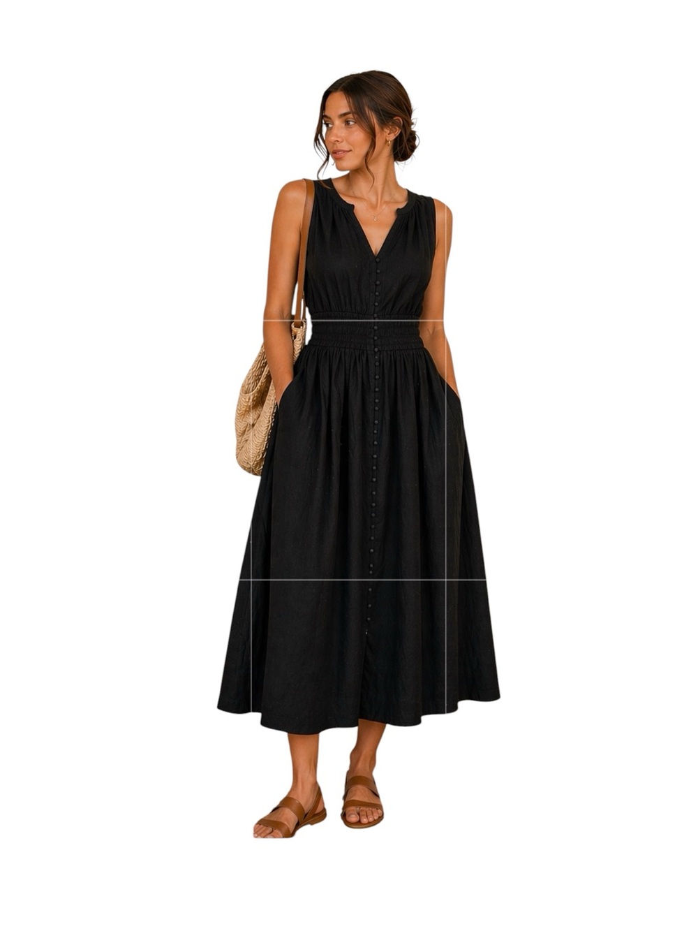 Universal Thread Black Midi Dress Smocked Waist Button Front Pockets S
